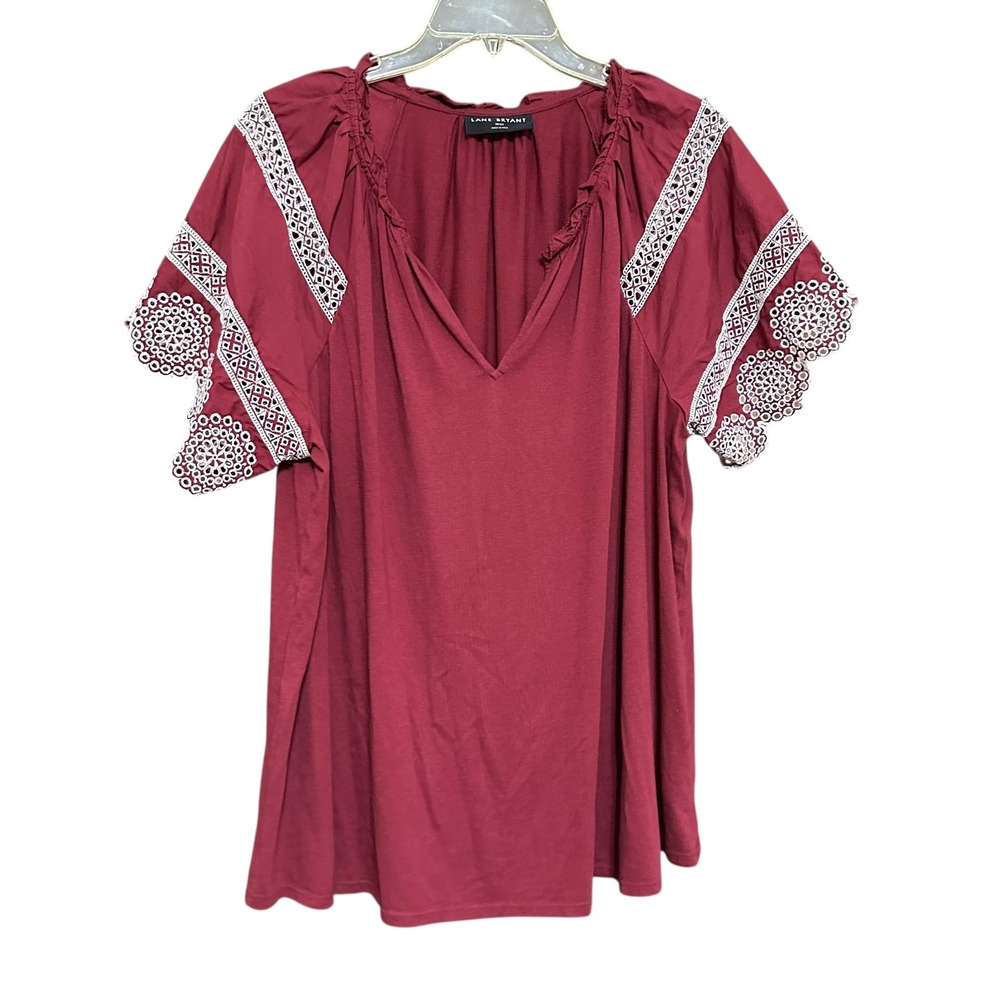 Lane Bryant Maroon Embroidered V Neck Flutter Sleeve Tunic Top Plus‎ Size 18/20